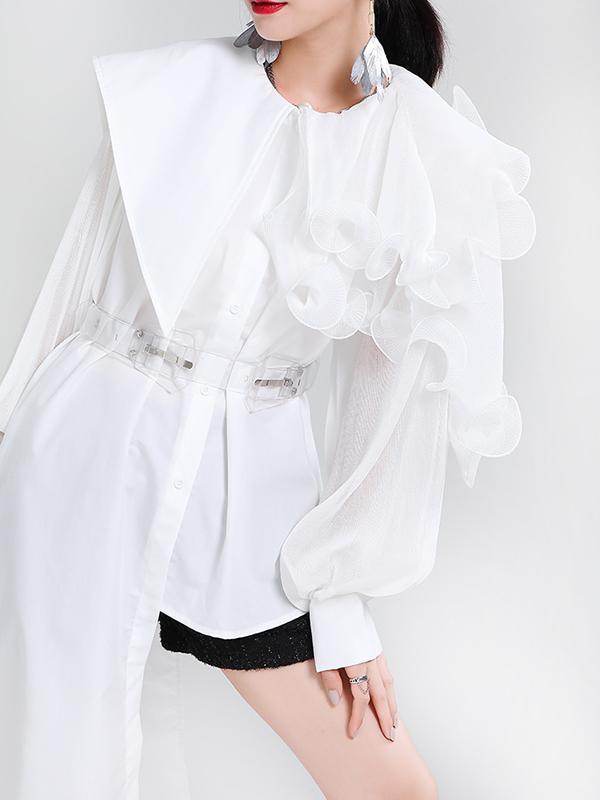 Long Sleeves Loose Asymmetric Pleated Solid Color Split-Joint Falbala Lapel Blouses&Shirts Tops Product Image