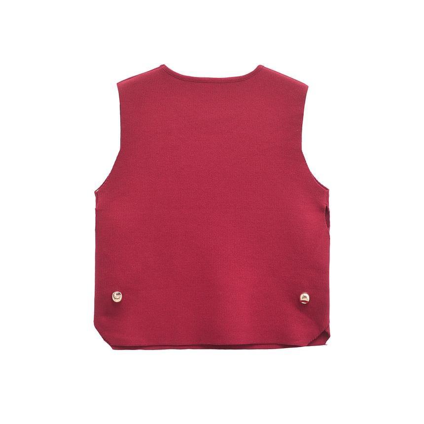 Round Neck Plain Button Detail Ribbed Knit Vest Product Image