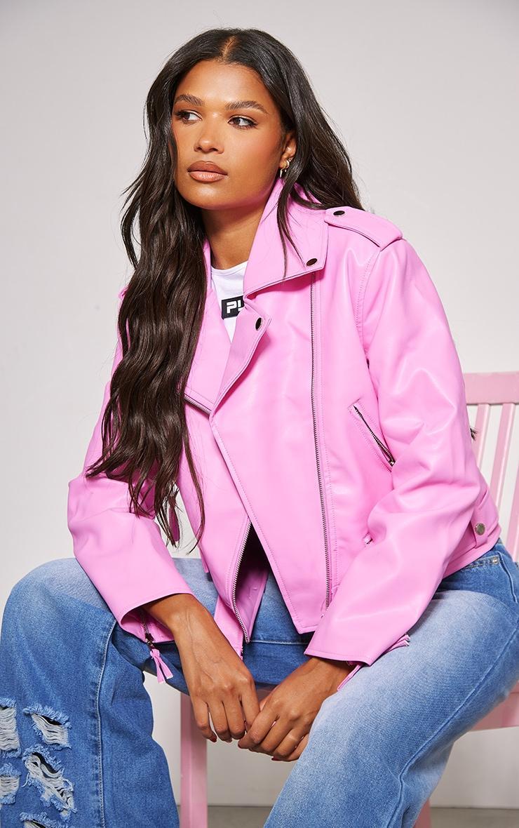 Pink Oversized Faux Leather Quilted Biker Jacket Product Image