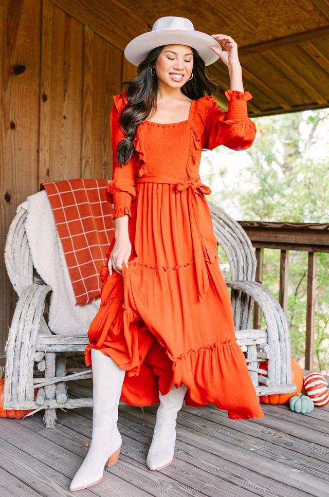 Feel Your Love Rust Orange Ruffled Midi Dress Female Product Image