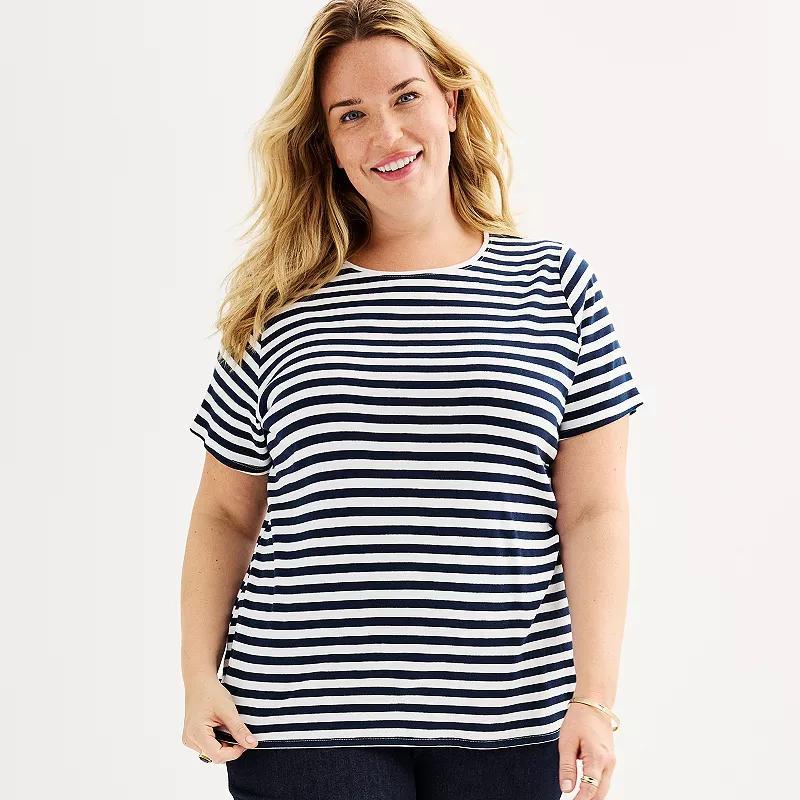 Plus Size Croft & Barrow Essential Crewneck Tee, Womens Blue Classic Stripe Product Image