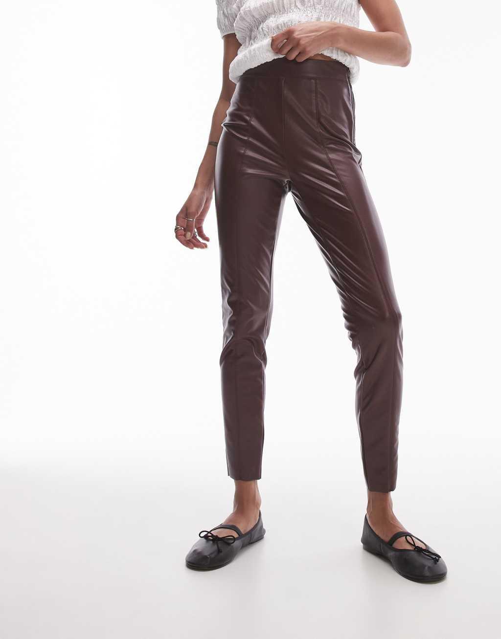 Topshop skinny faux leather pants in burgundy Product Image