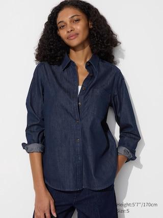 Womens Soft Denim Shirt Navy Large UNIQLO US Product Image