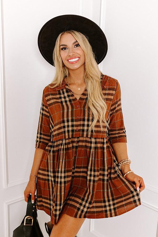 Cheery Mood Plaid Tunic Dress in Dark Camel Product Image