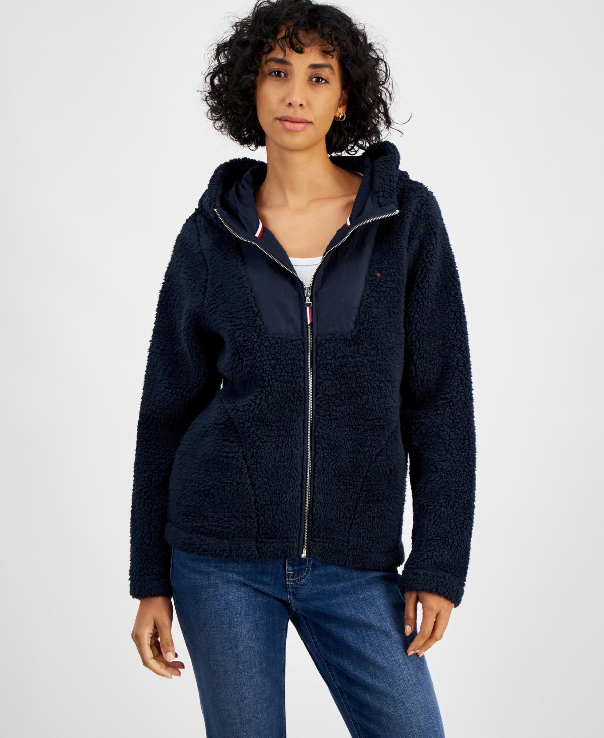 Tommy Hilfiger Womens Sherpa Zip-Front Hooded Sweater Product Image