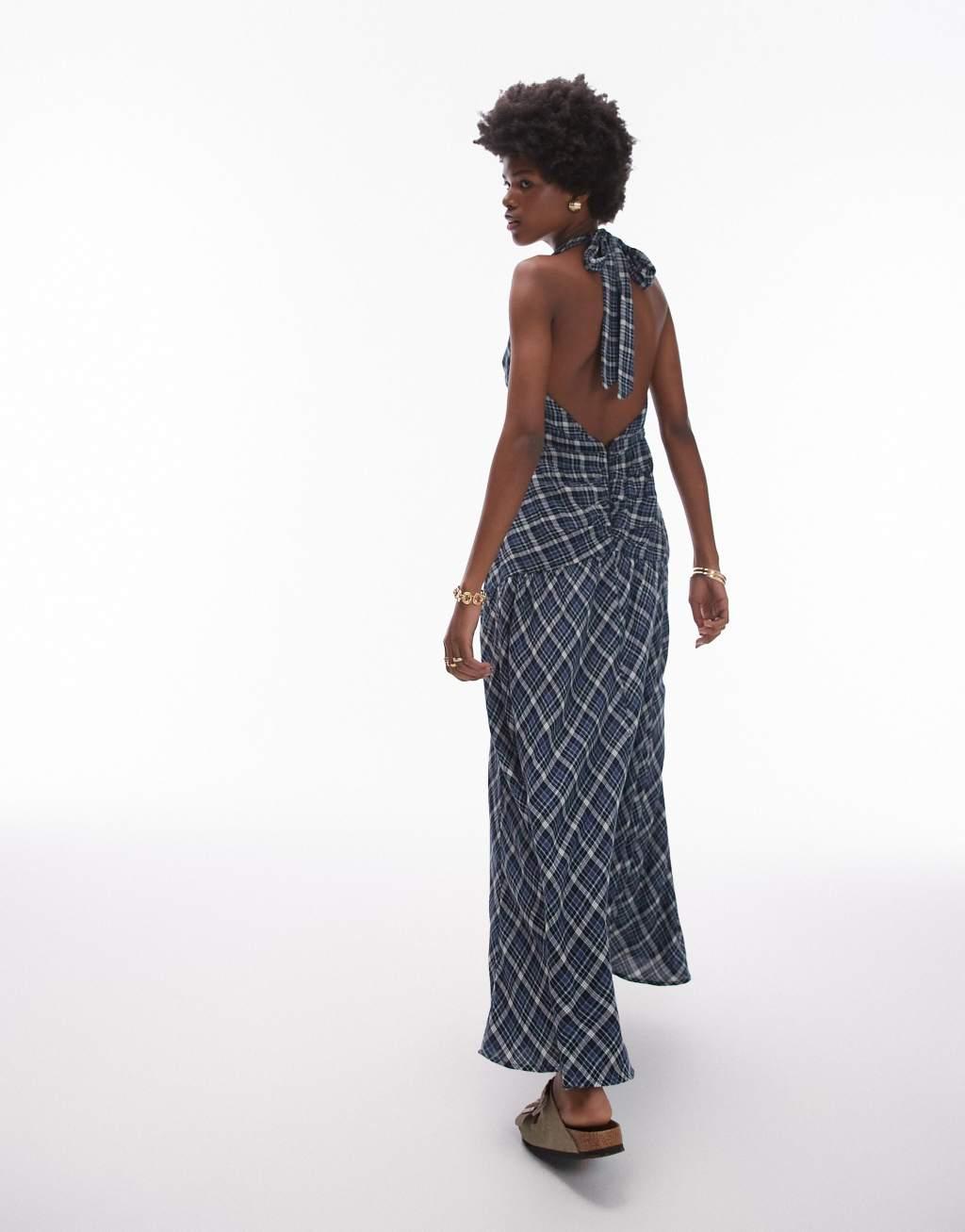 Topshop halterneck ruched front textured maxi dress in blue check Product Image