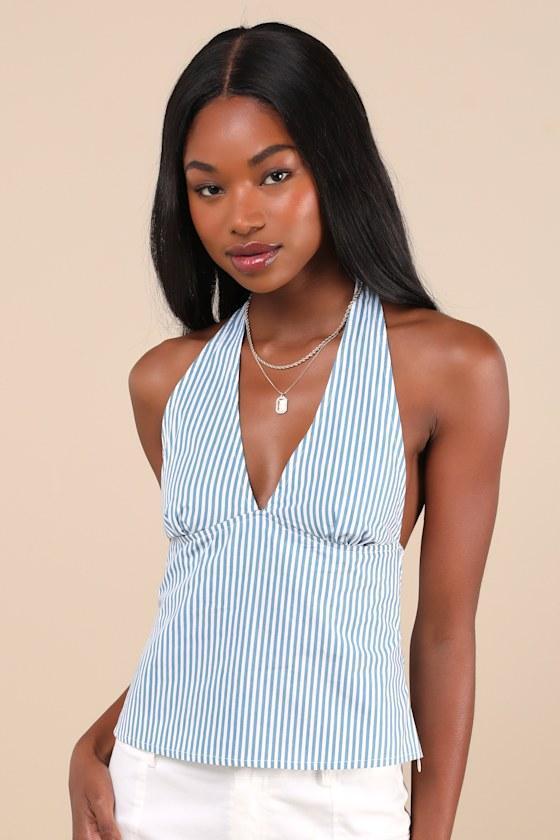 Nandu Blue and White Striped Cotton Poplin Halter Top Product Image