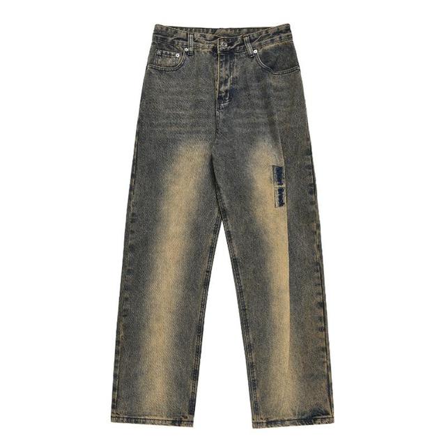 Street Embroidered Washed Mud Yellow Pleated Jeans Product Image