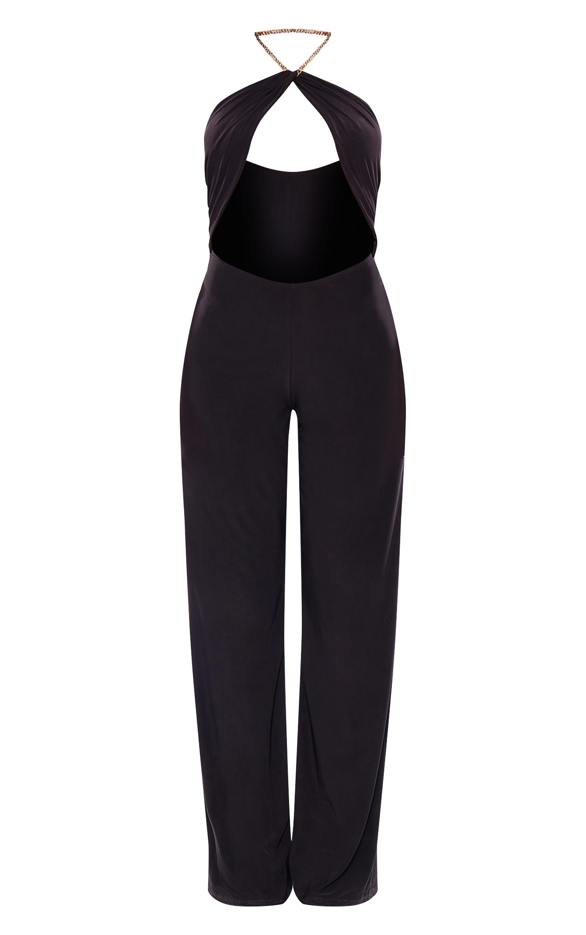 Black Slinky Cut Out Chain Detail Jumpsuit Product Image