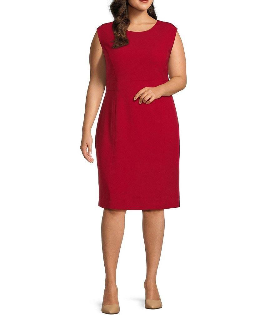 Kasper Plus Size Stretch Crepe Crew Neck Sleeveless Waistband Sheath Dress Product Image