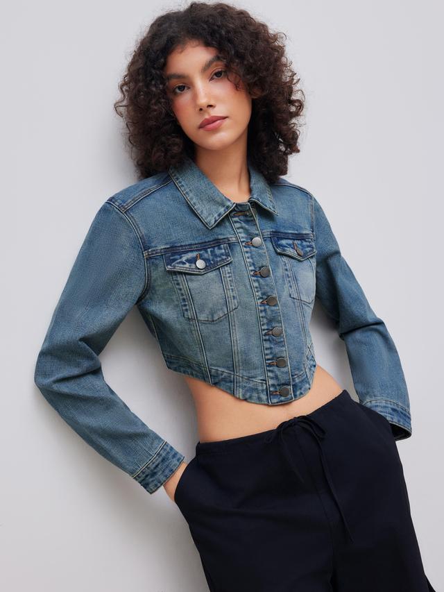 High Stretch Denim Collar Solid Button Crop Jacket Product Image