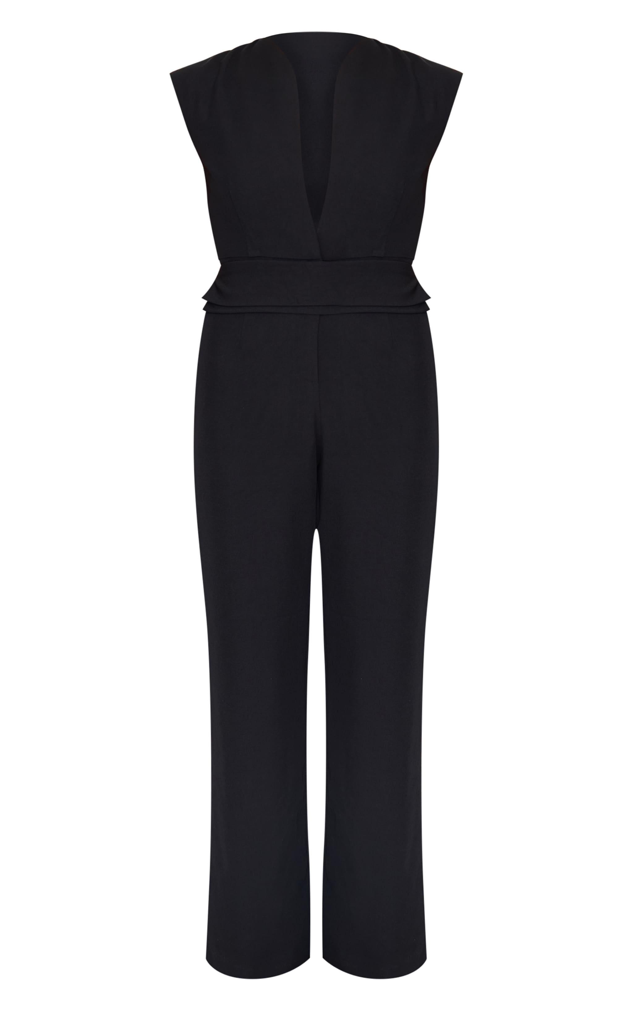 Black Premium Woven Sleeveless Waist Detail Straight Leg Jumpsuit Product Image