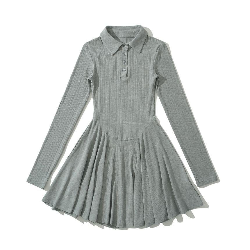 Long-Sleeve Polo Collar Plain Mini A-Line Dress Product Image