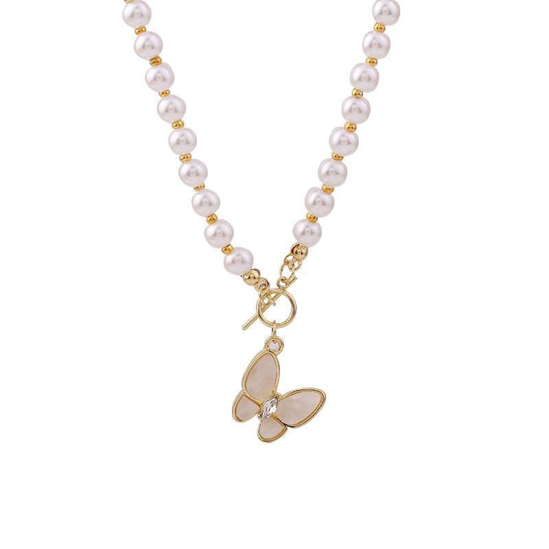 Butterfly Pendant Faux Pearl Necklace Product Image