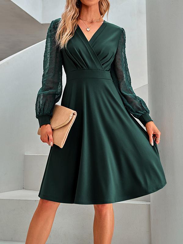 A-Line Long Sleeves Gauze Pleated Split-Joint V-Neck Midi Dresses product image