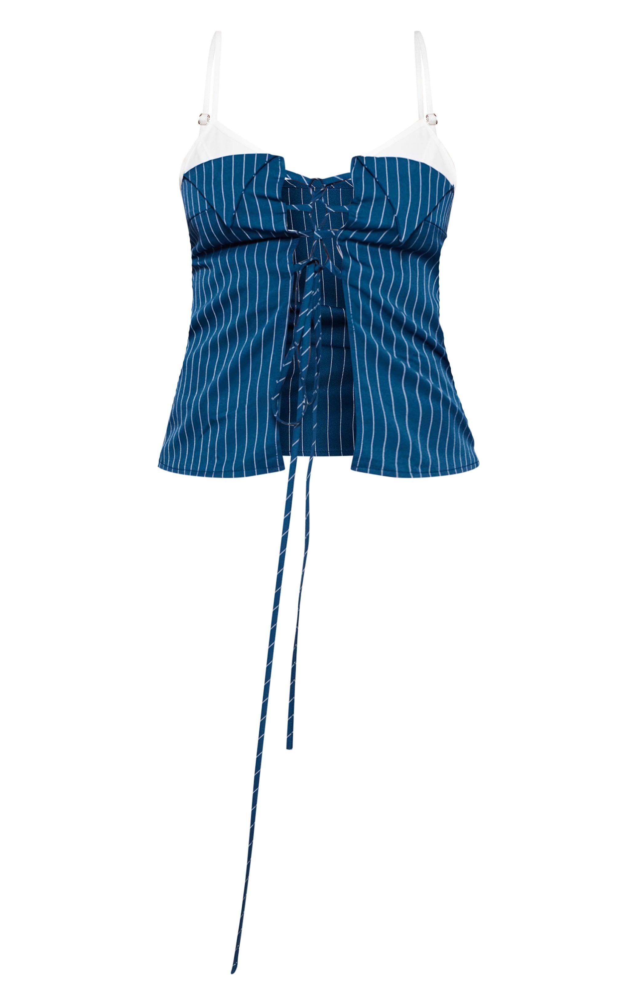 Dark Blue Pinstripe Contrast Stap Lace Up Top Product Image