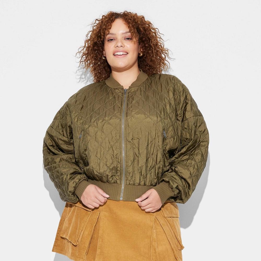 Women's Quilted Bomber Jacket - Wild Fable™ Green 2X Product Image