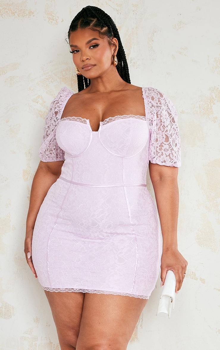 Plus Lilac Lace Cup Detail Bodycon Dress Product Image