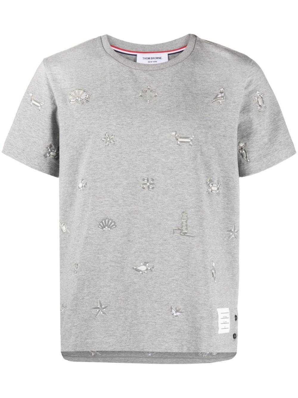 Embroidered Cotton T-shirt In Grey Product Image