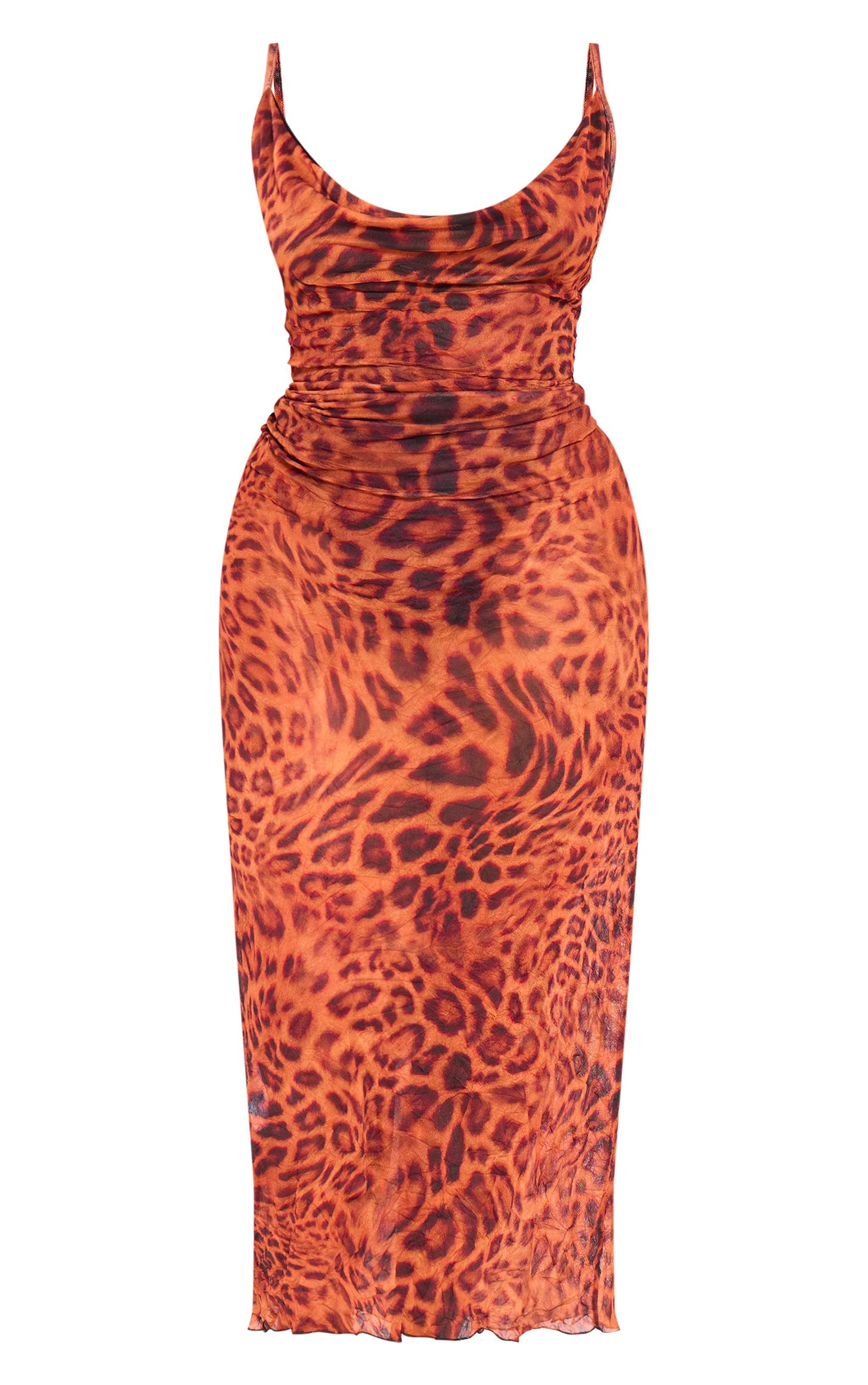 Plus Leopard Print Crinkle Mesh Cowl Neck Midaxi Dress Product Image