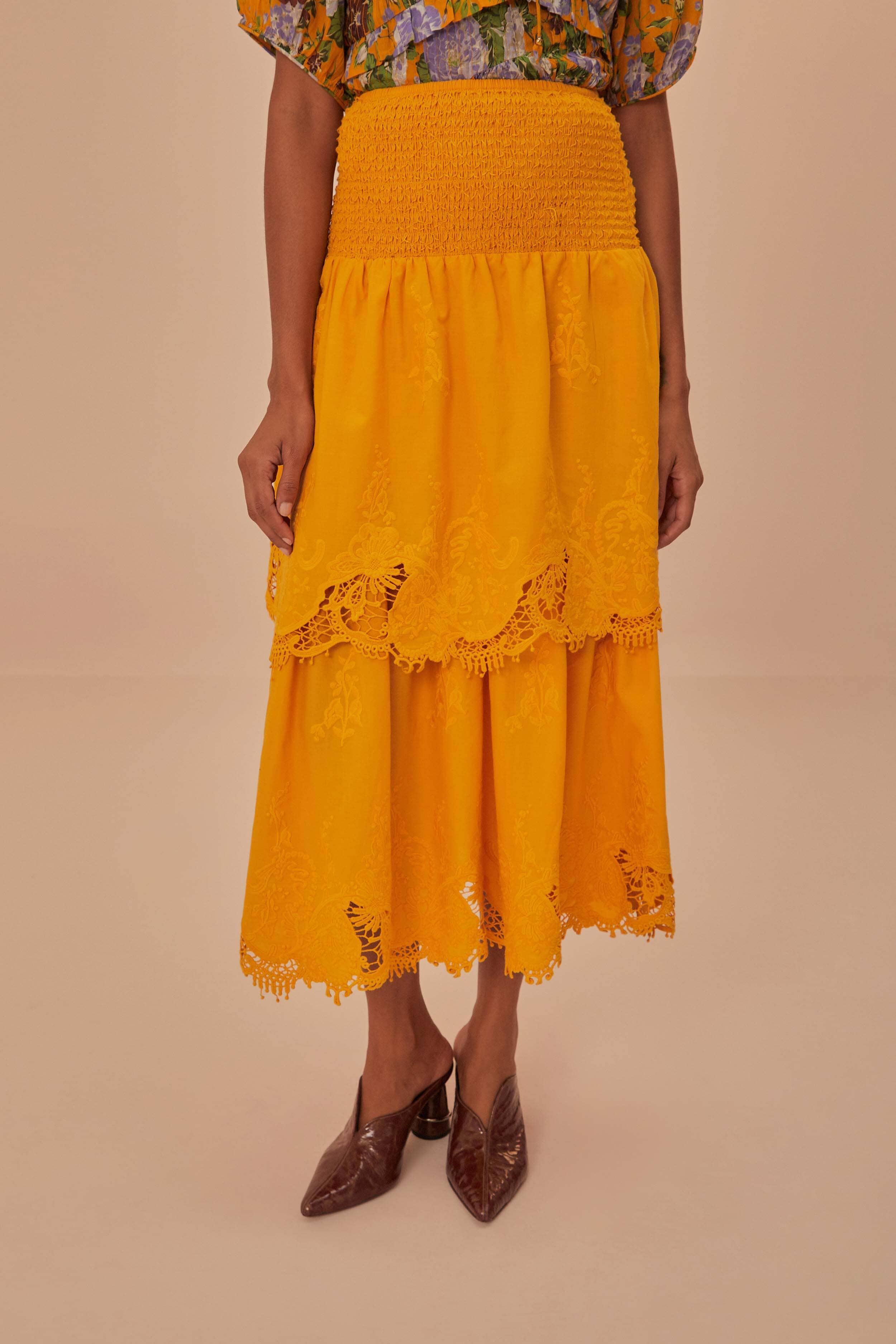 Yellow Mustard Tiered Lace Midi Skirt Product Image