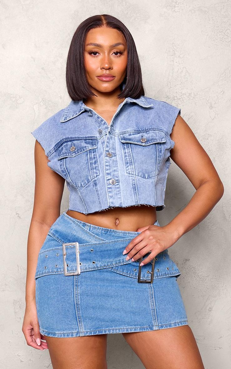 Shape Light Blue Denim Belted Mini Skirt Product Image