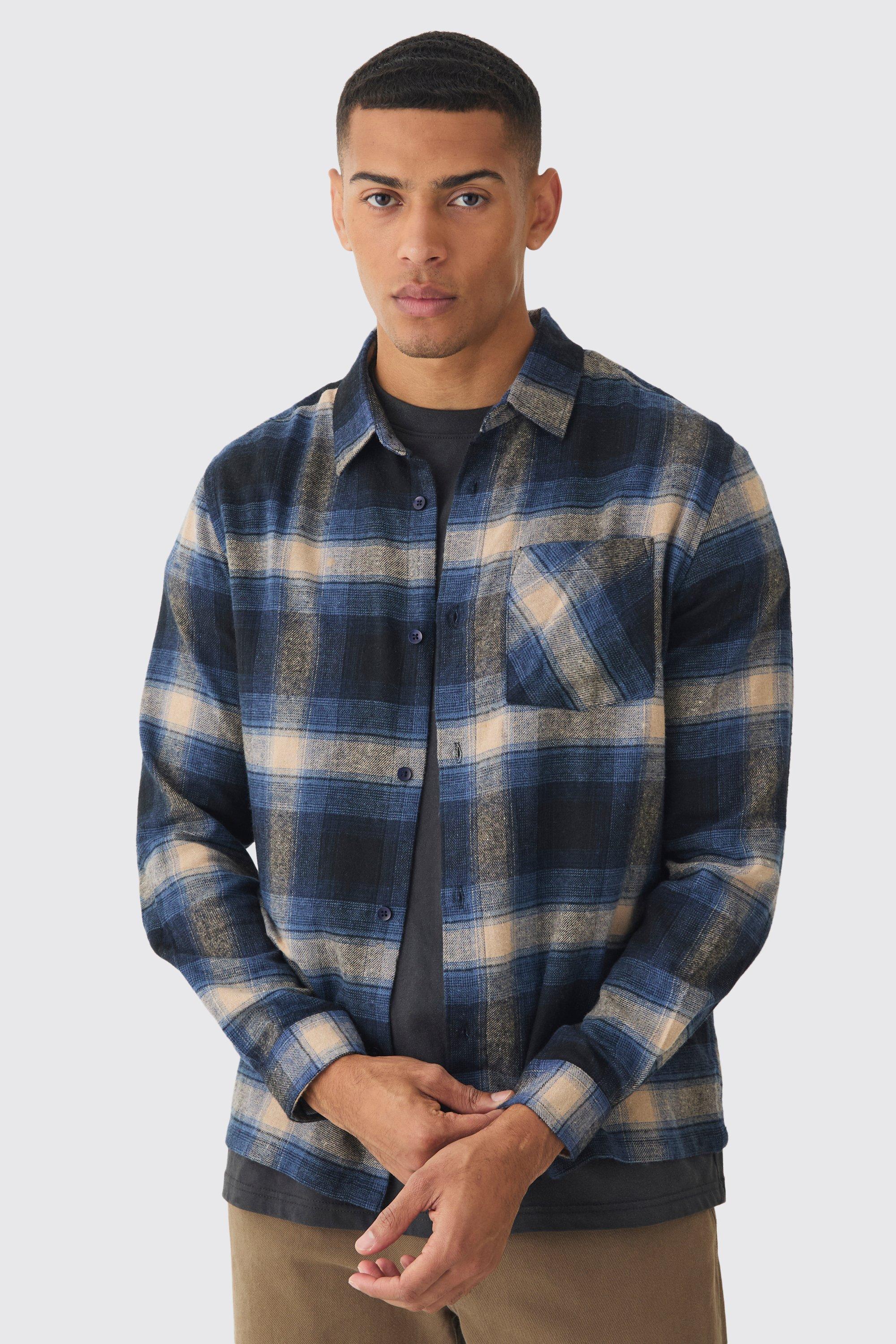 Mens Navy Regular Fit Long Sleeve Check Shirt, Navy Product Image