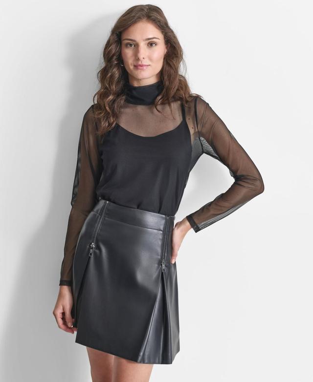 Dkny Womens Turtleneck Long-Sleeve Zip-Back Mesh Top Product Image