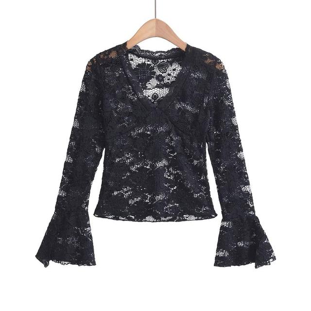 Long-Sleeve V-Neck Lace Slim Fit Top Product Image