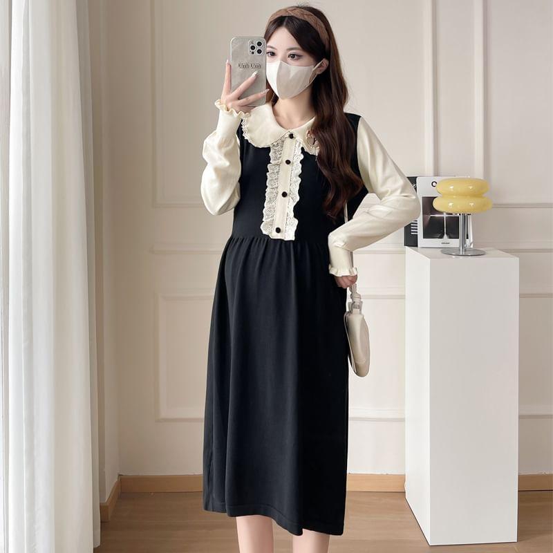 Maternity Puff-Sleeve Collar Two Tone Lace Trim Mock Two-Piece A-Line Dress Product Image