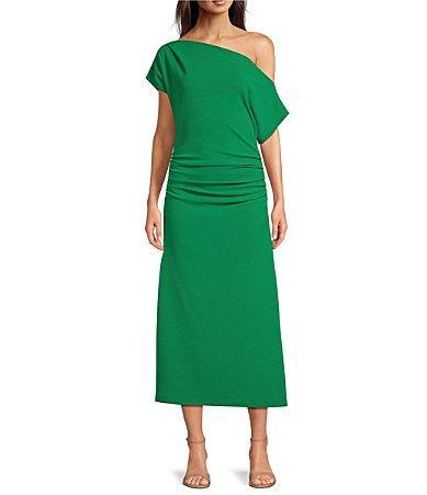 Gibson & Latimer Asymmetric One Shoulder Off-the-Shoulder Short Sleeve Ruched Midi Knit Dress Product Image