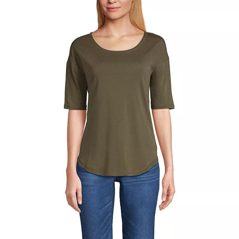 Womens Lands End Supima Micro Modal Elbow Sleeve Balletneck Curved Hem Tee Green Moss Product Image