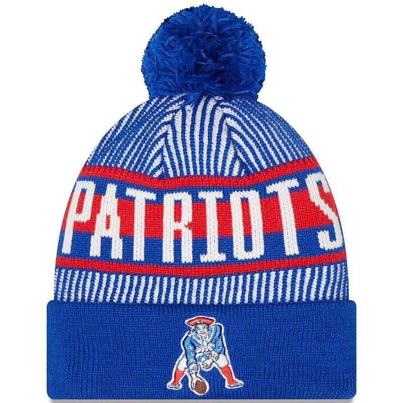 Mens New Era Royal New England Patriots Striped Cuffed Knit Hat with Pom Product Image