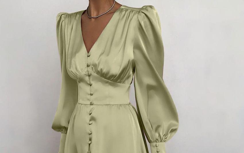 Long-Sleeve V-Neck Plain Midi A-Line Dress Product Image