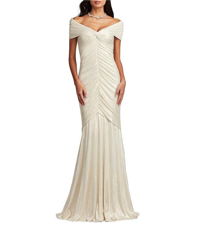 Tadashi Shoji Metallic Jersey Off-the-Shoulder Cap Sleeve Draped Mermaid Gown Product Image