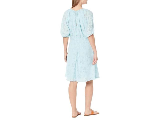 DKNY Puff Sleeve V-Neck Belted Dress (Sky ) Women's Clothing Product Image