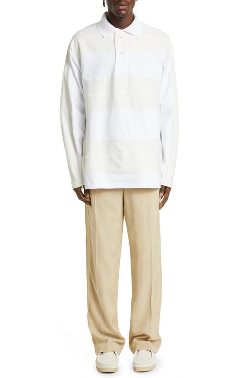 JACQUEMUS Le Polo Raye Stripe Long Sleeve Polo In Weiss Product Image