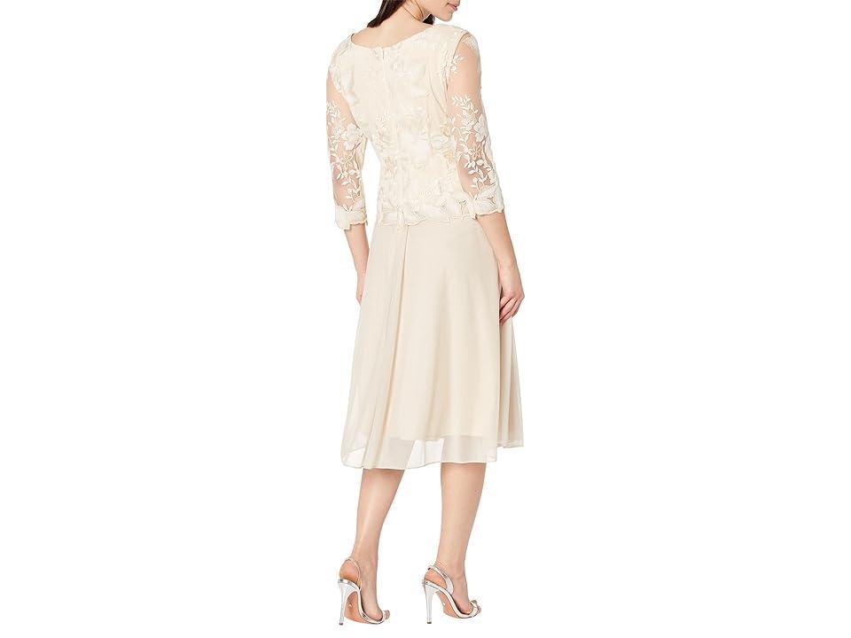 Alex Evenings Tea Length Embroidered Dress with Illusion Sleeve and Scallop Detail Full Skirt Women's Evening Product Image