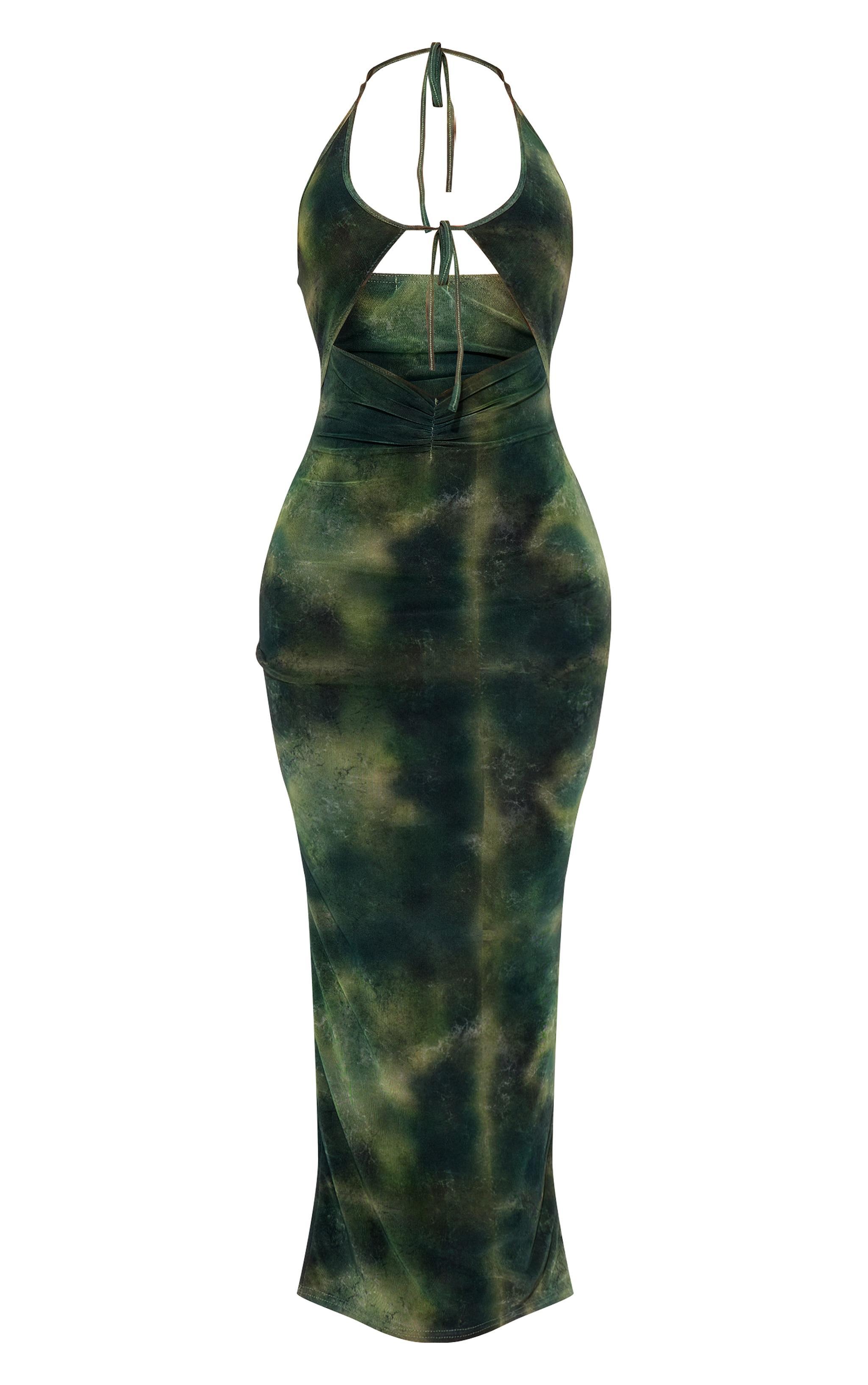 Green Printed Mesh Cut Out Halter Neck Midaxi Dress Product Image