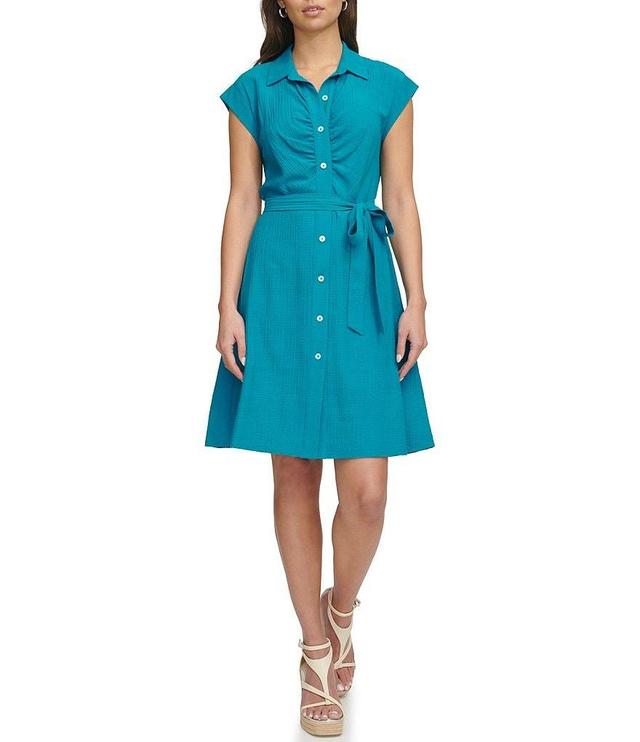 DKNY Collar Neck Short Sleeve Tie Front Button Down Mini Dress Product Image