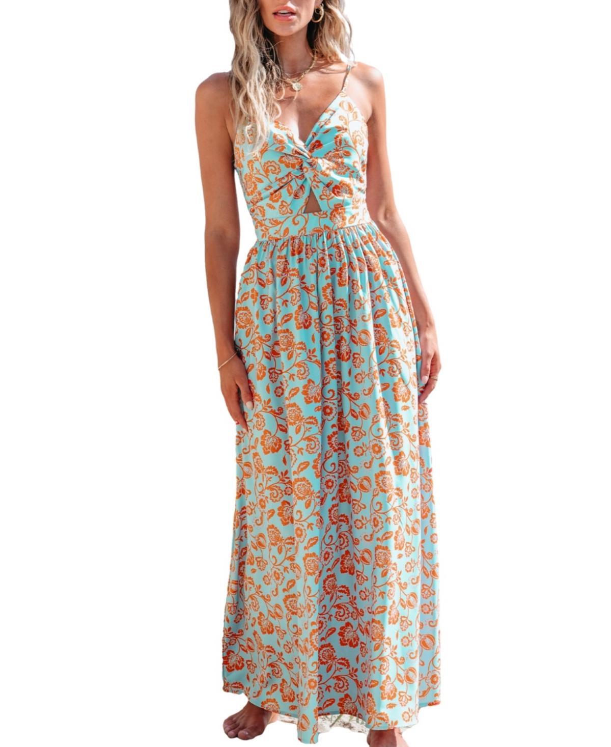 Cupshe Womens Orange Floral Sweetheart Twist & Keyhole Maxi Beach Dress - Light Product Image