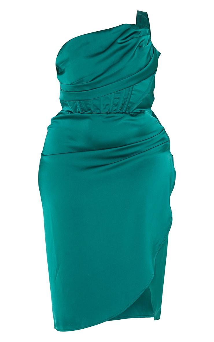 Plus Emerald Green Satin Drape Detail Side Split Midi Dress Product Image