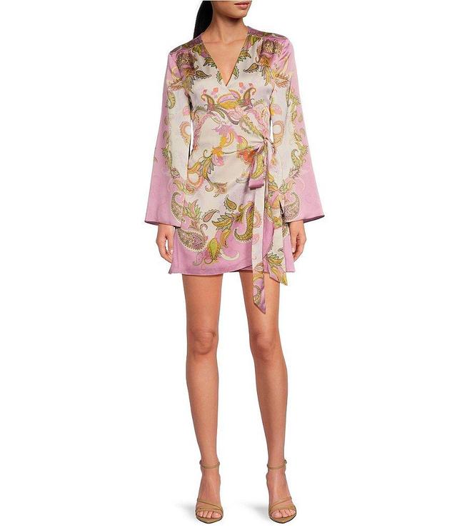 Gianni Bini Jenni Paisley Printed Satin V-Neck Long Sleeve Mini Wrap Dress Product Image