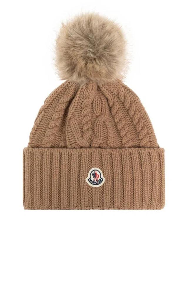 MONCLER Pom Pom Embellished Knitted Beanie In Beige Product Image