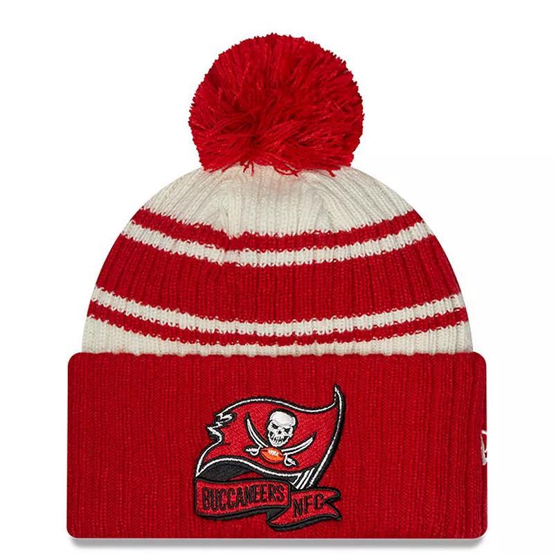 Mens New Era Cream/Red Tampa Bay Buccaneers 2022 Sideline Sport Cuffed Pom Knit Hat Product Image