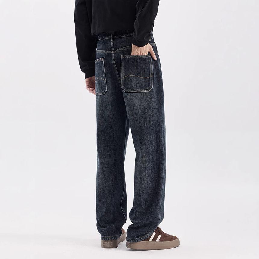 Mid Rise Washed Fleece-Lined Loose Fit Jeans Product Image