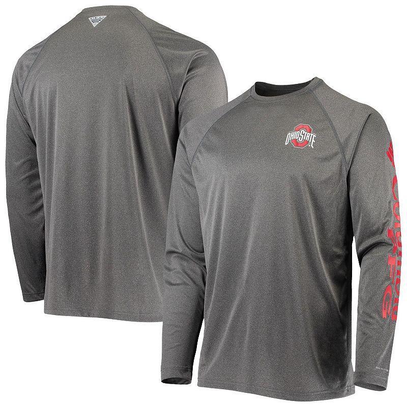 Mens Columbia Heather Charcoal Ohio State Buckeyes Terminal Tackle Omni-Shade Raglan Long Sleeve T-Shirt Product Image