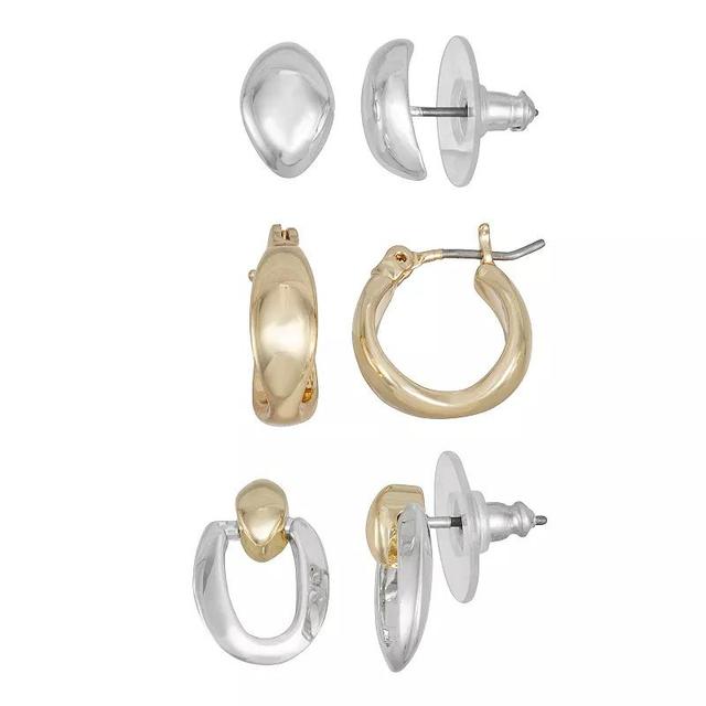 Napier Two Tone Mixed Feelings Stud Drop Hoop Earrings Trio Set, Womens Product Image