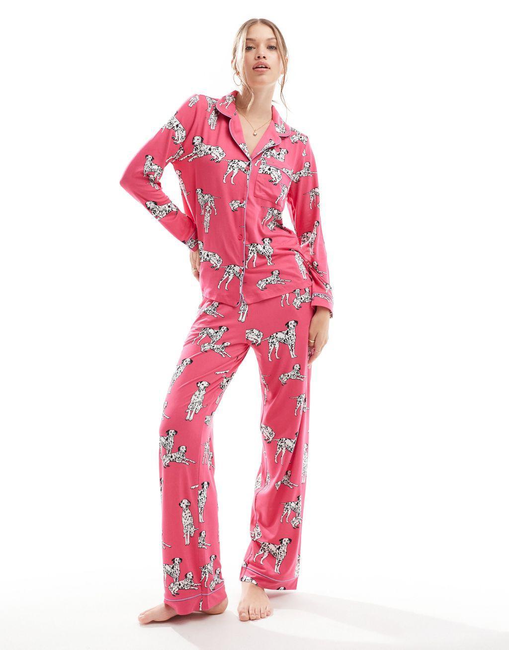 Chelsea Peers Exclusive jersey dalmatian print button top and pants pajama set in hot pink Product Image