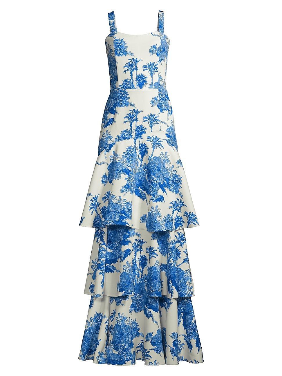 Mestiza New York Torero Palm Toile Print Square Neck Shoulder Strap Tiered Ruffled Maxi Dress Product Image